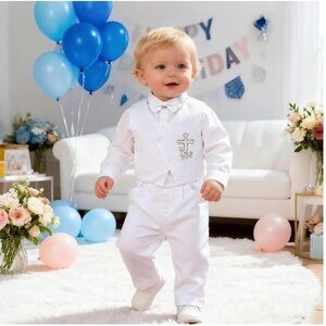 White Baby Christening Suit with Embroidered Cross